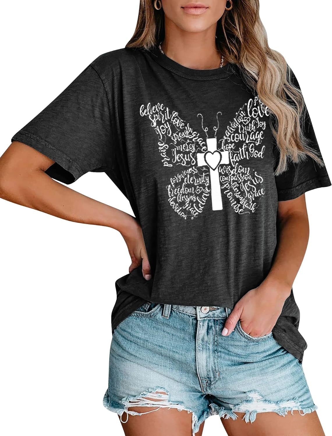 Women Butterfly Graphic Shirt Cute Christian Shirt Inspirational Top Religious Short Sleeve Tee