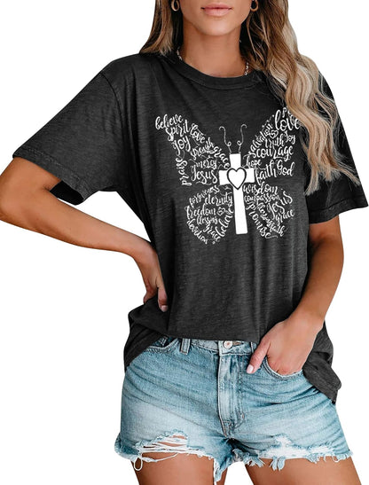 Women Butterfly Graphic Shirt Cute Christian Shirt Inspirational Top Religious Short Sleeve Tee