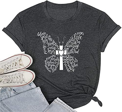 Women Butterfly Graphic Shirt Cute Christian Shirt Inspirational Top Religious Short Sleeve Tee