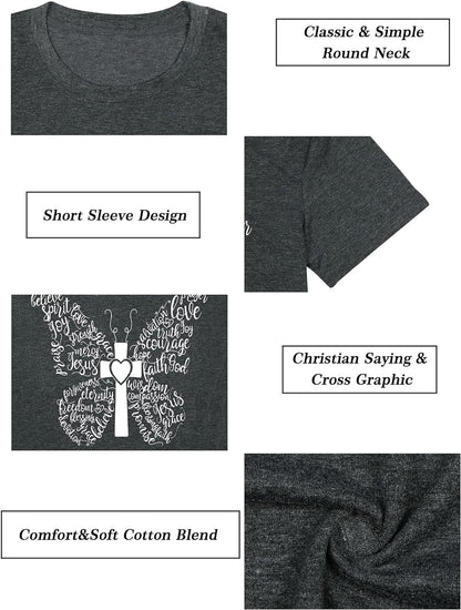 Women Butterfly Graphic Shirt Cute Christian Shirt Inspirational Top Religious Short Sleeve Tee