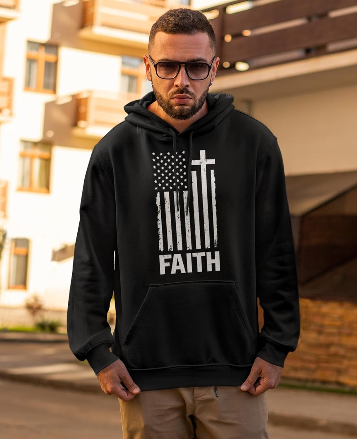 Faith-Based American Flag Hoodie for Men - Cross & USA Graphic Sweatshirt for Him